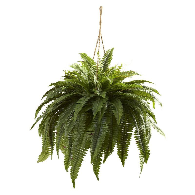 Nearly Natural Green Plastic Fern Hanging Basket