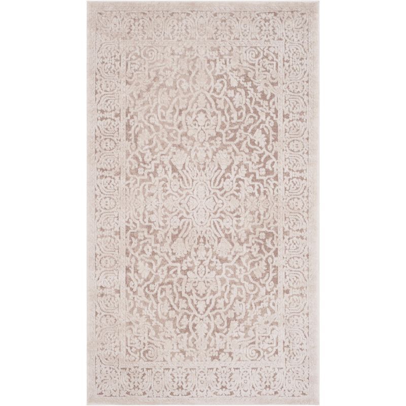 Beige/Cream Floral Hand-knotted Round Synthetic Rug, 3' x 5'