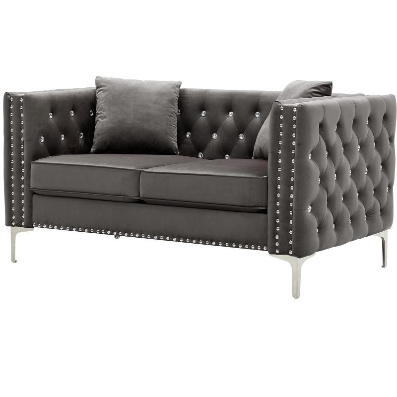 Gray Velvet Tufted Loveseat with Jeweled Buttons and Pillows