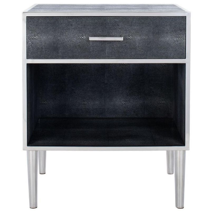 Tammy Transitional Black Faux Shagreen Silver Accent Nightstand