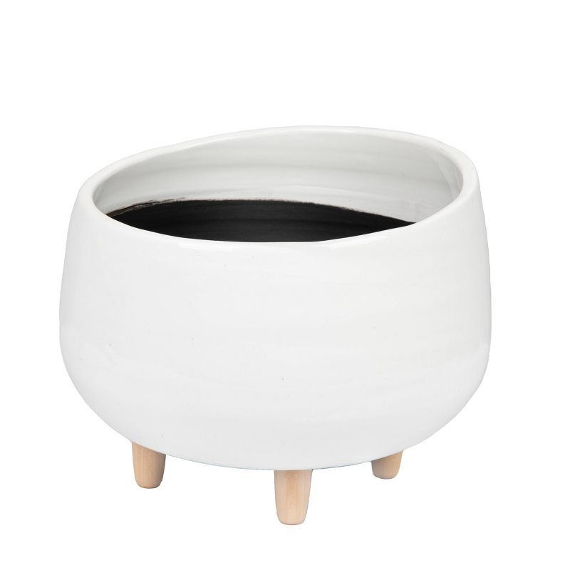 Elegant White Ceramic Planter with Ribbed Interior and Wooden Feet - 14.5"