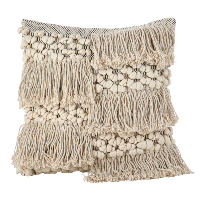 Ivory Moroccan Wedding Blanket Fringe Cotton Pillow, 18" Square