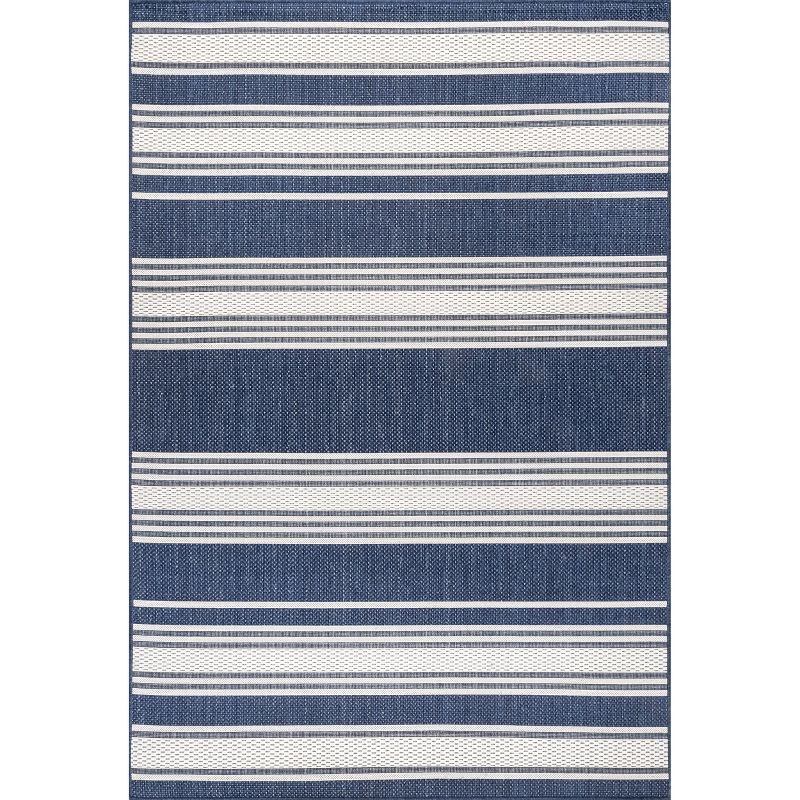 Navy Striped Synthetic 5' x 8' Easy-Care Indoor/Outdoor Rug