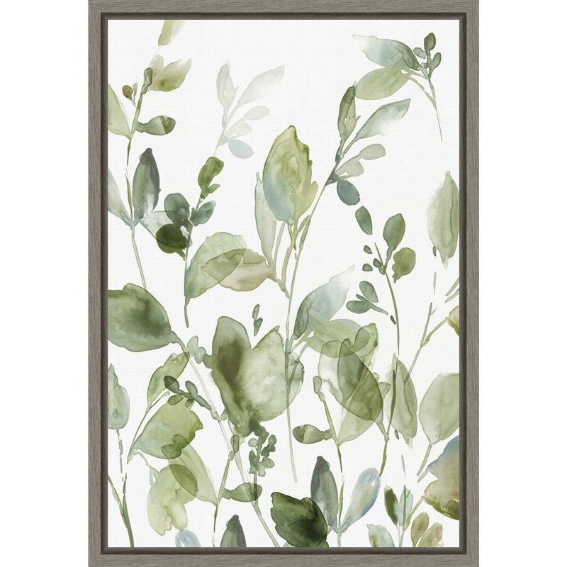 Green Botanical Print on Canvas with Gray Frame