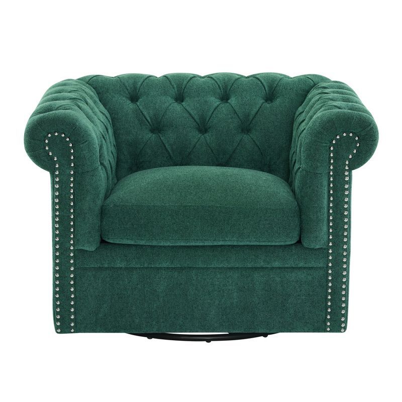 Dark Green Faux Leather Barrel Swivel Accent Chair with Nailhead Trim