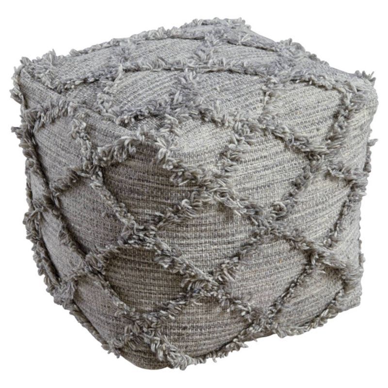 Gray Handwoven Wool Pouf with Diamond Fringe Design