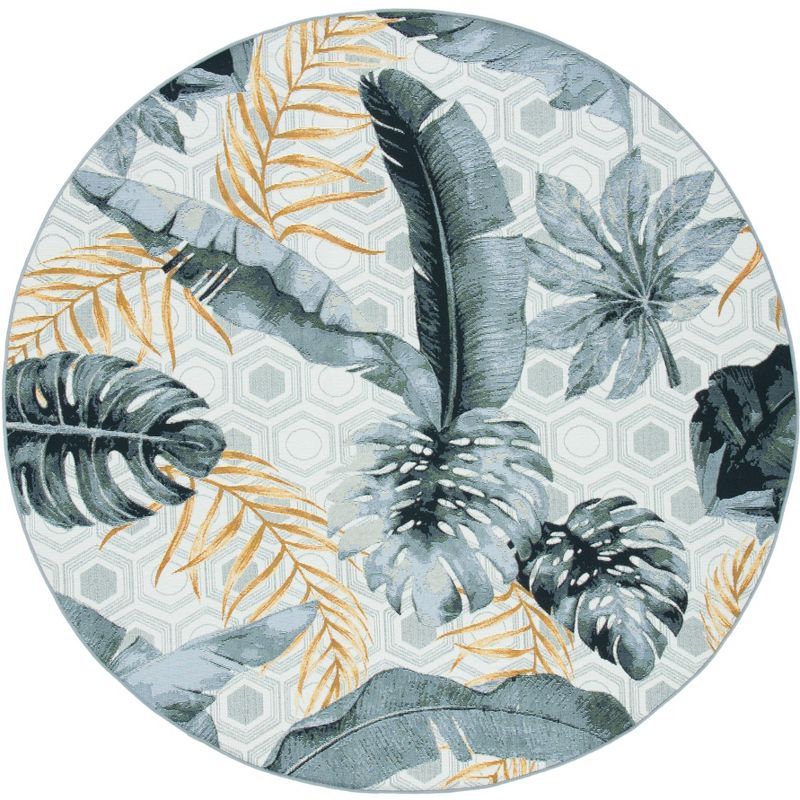 Gray and Gold Tropical Botanical Round Synthetic Area Rug, 8' x 8'