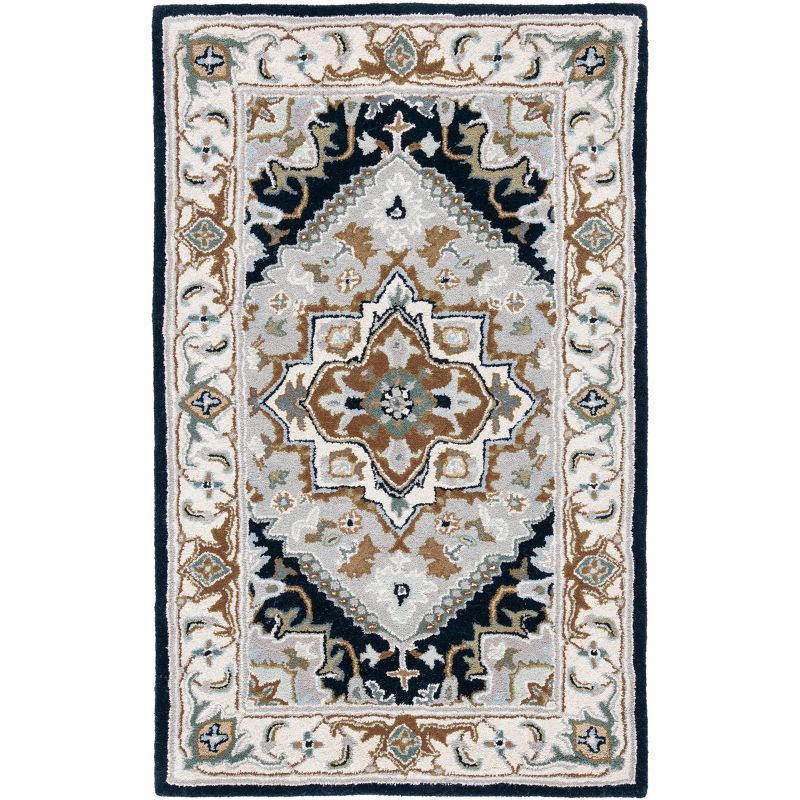 Grey and Navy Hand-Tufted Wool Oriental Area Rug, 4' x 6'