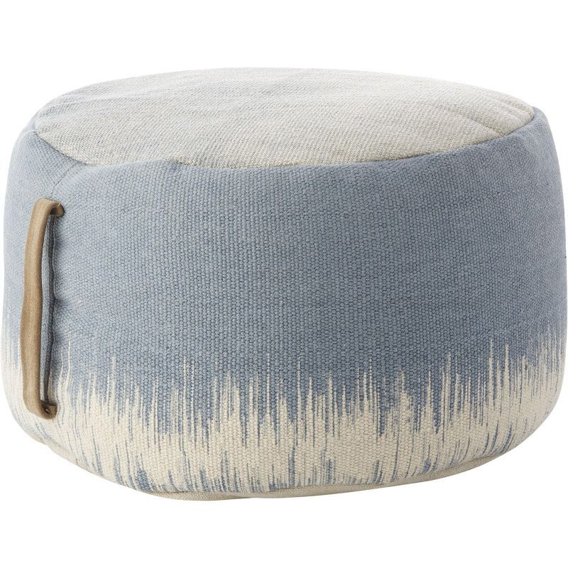 Azure Blue and Ivory Cotton Round Pouf with Handle