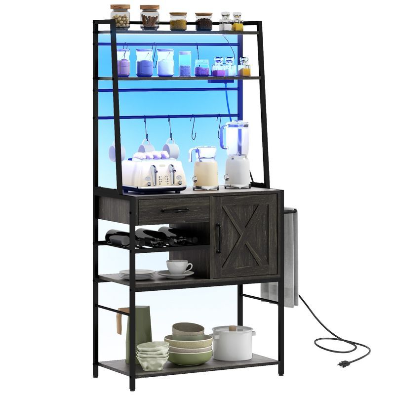 Distressed Gray Adjustable Kitchen Baker's Rack with LED Lights and Doors