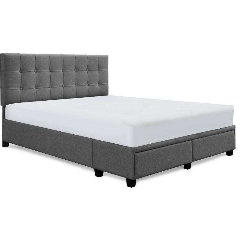 Plush Dark Gray Queen Upholstered Bed with Tufted Headboard and Storage Drawers