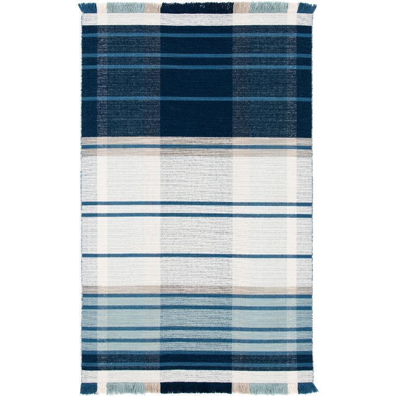 Blue and Beige Striped Wool Flat Woven Area Rug