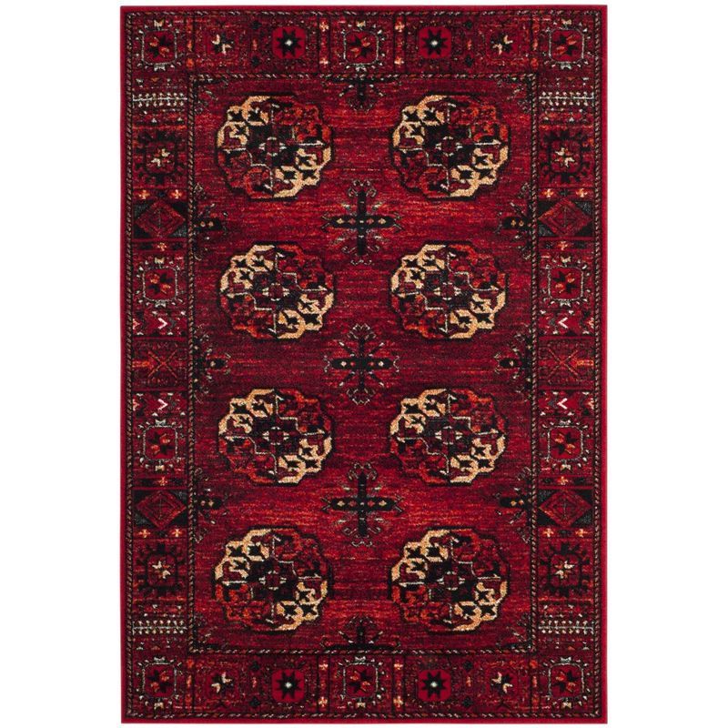 Vintage Red and Multicolor High Pile Synthetic Area Rug