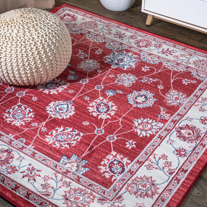 Elegant Red and Ivory Floral Synthetic 6' Square Area Rug