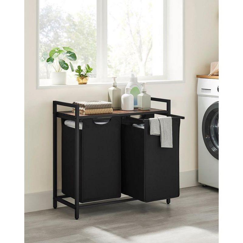 Rustic Brown and Black Laundry Sorter with Shelf and Pull-Out Bags