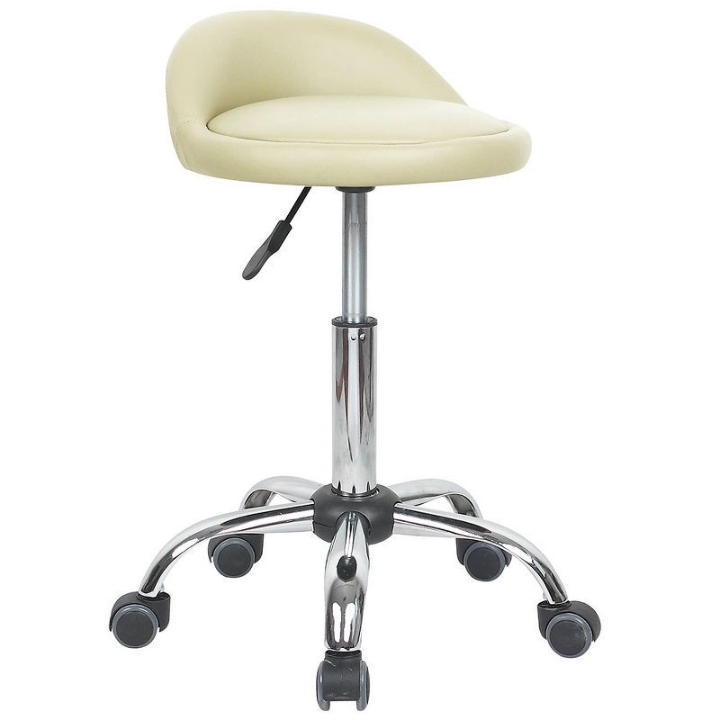 Beige Adjustable Height Rolling Stool with Chrome Base