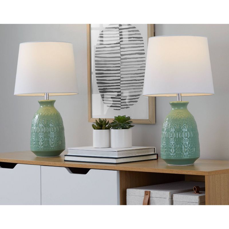 Claudia 20" Green Ceramic Accent Lamps with White Shades, Set of 2