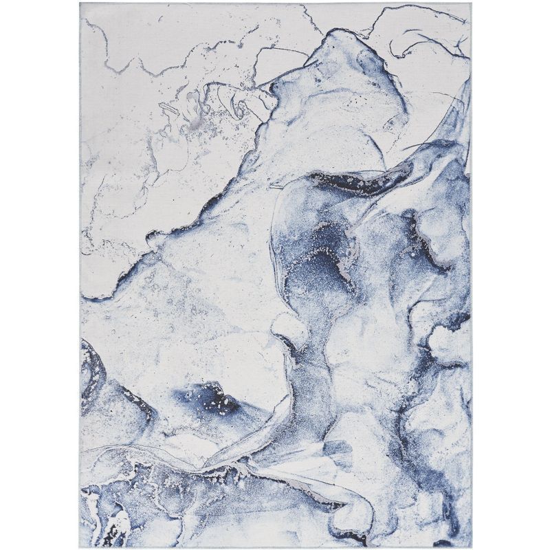 Ivory Blue Abstract Marble Washable Area Rug 5' x 7'