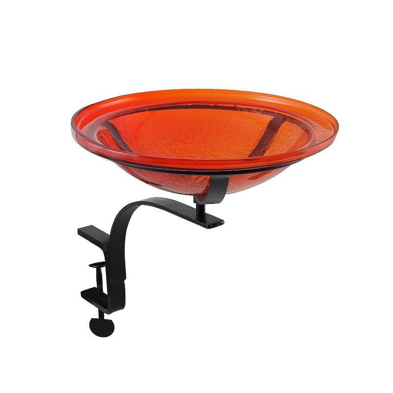 Tomato Red Crackle Glass Birdbath with Rail Mount Bracket