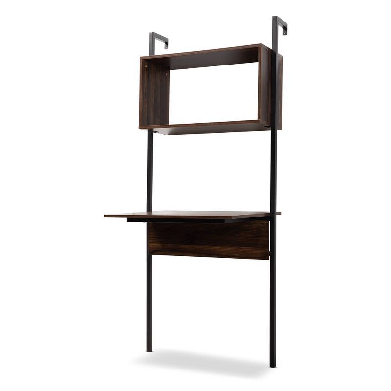 Fariat Walnut Brown Wood and Black Metal Display Shelf with Desk