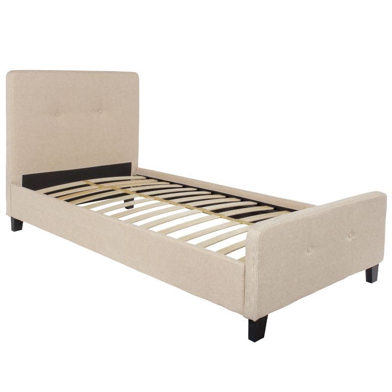 Beige Twin Upholstered Platform Bed with Tufted Headboard