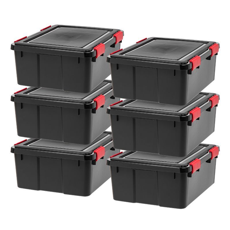 Black and Red Stackable WeatherPro Plastic Storage Bins with Lids, 19.7 in