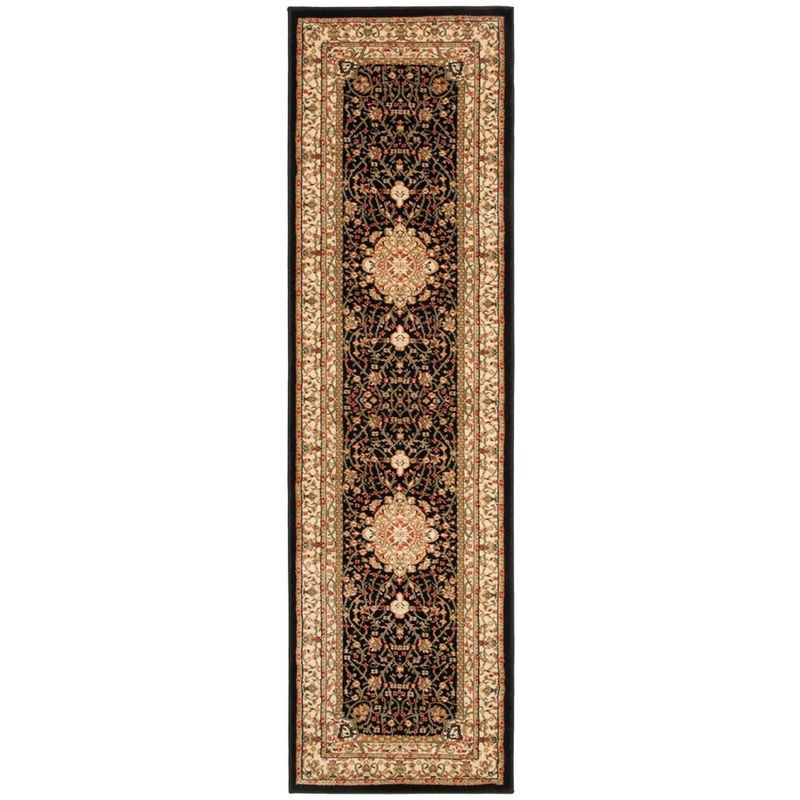Black and Ivory Floral Synthetic Safavid Style Runner Rug