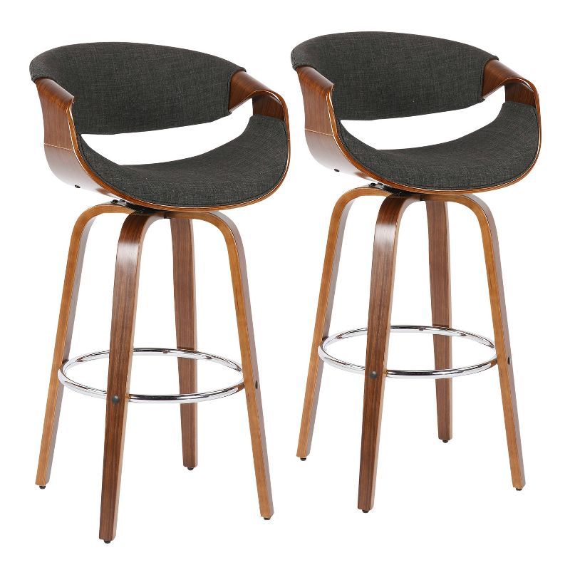 Curvini Charcoal Fabric and Walnut Wood Swivel Barstool Set