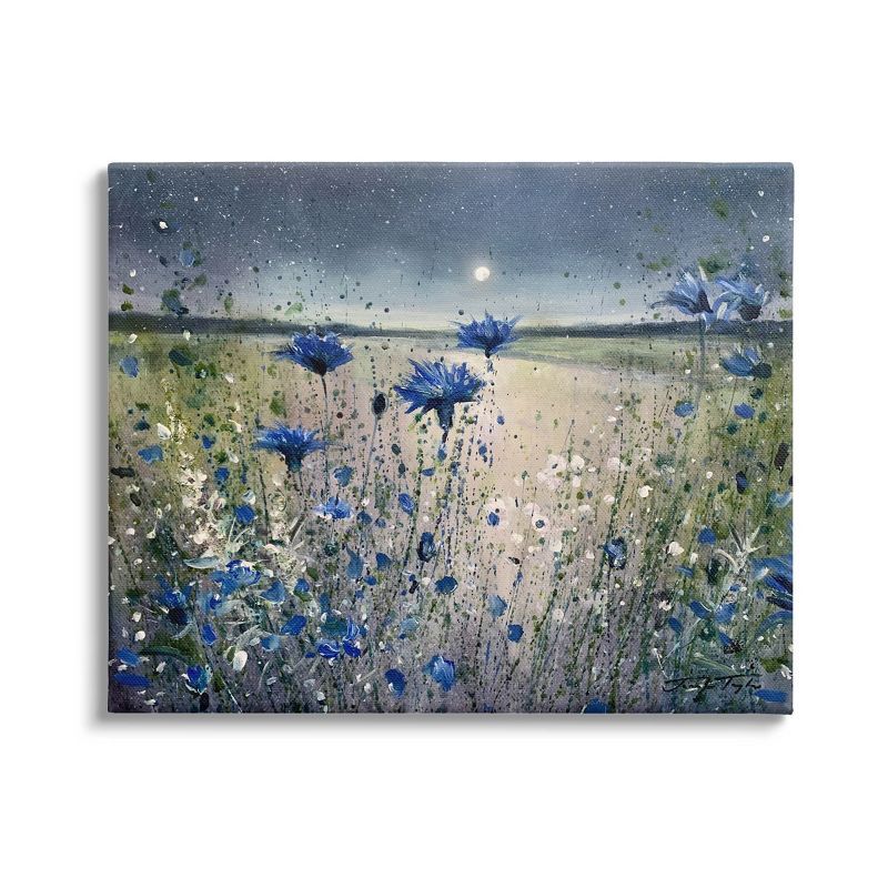 Blooming Blue Flowers Night Moon Landscape Canvas Art