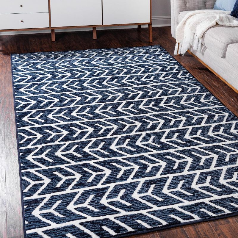 Navy Blue Rectangular Synthetic Easy-Care Outdoor Rug