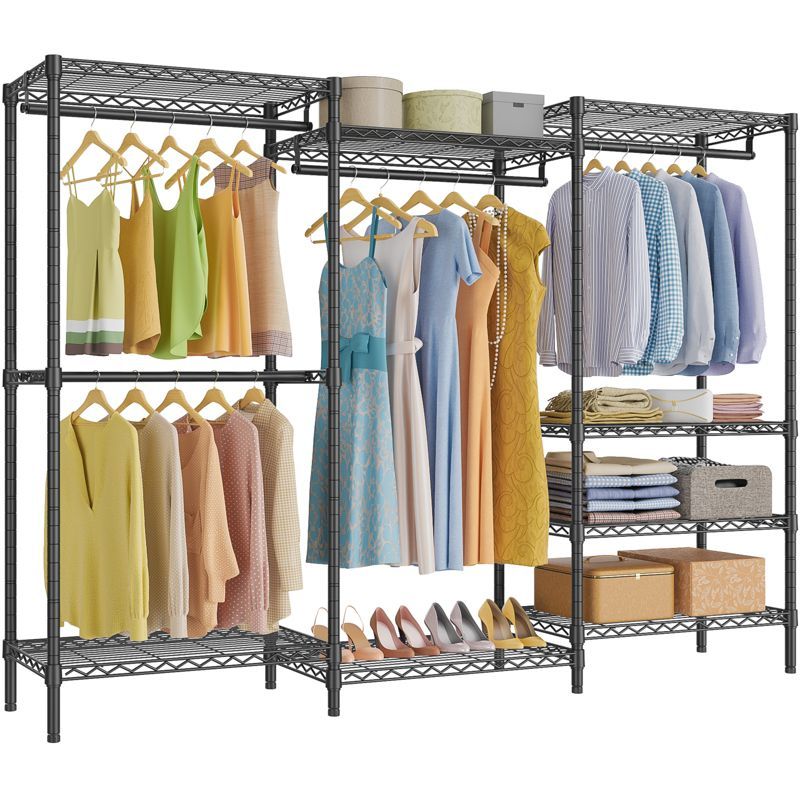 Black Heavy Duty Freestanding Metal Closet Rack with Shelves and Hanging Rods