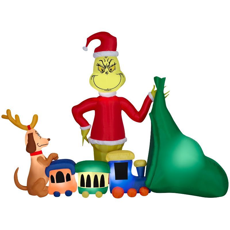 Grinch and Max Christmas Inflatable with Train and Santa Sack