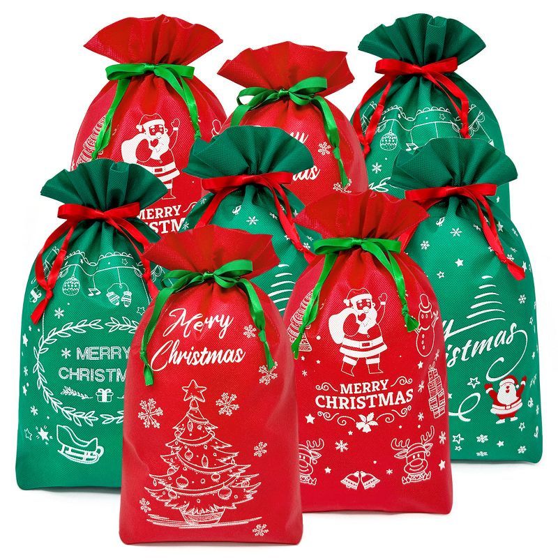 Festive Red and Green Non-Woven Christmas Drawstring Gift Bags Set