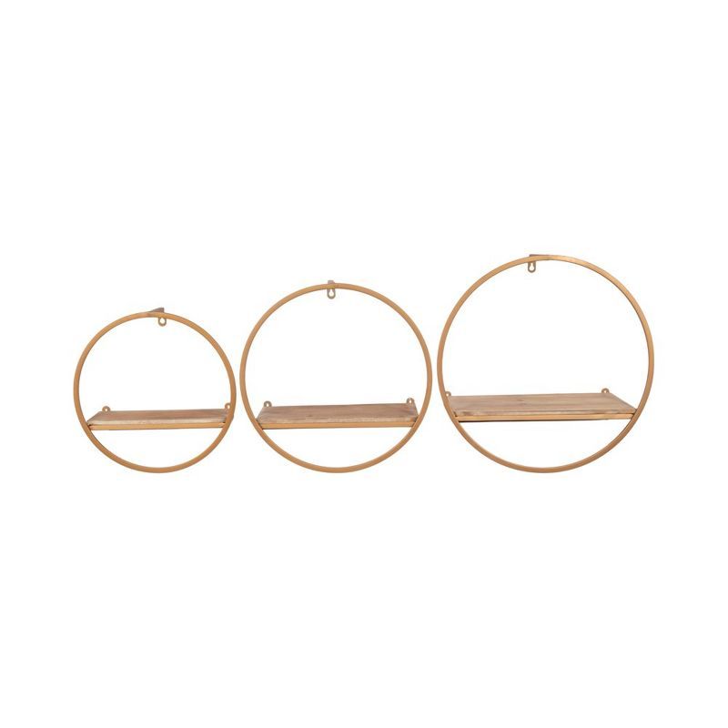 Set of 3 Bronze Metal and Wood Circular Wall Shelves