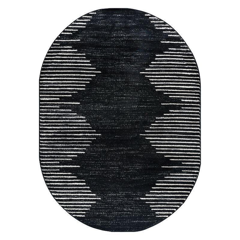 Black and White Oval Stripe Synthetic Area Rug 5' x 7'