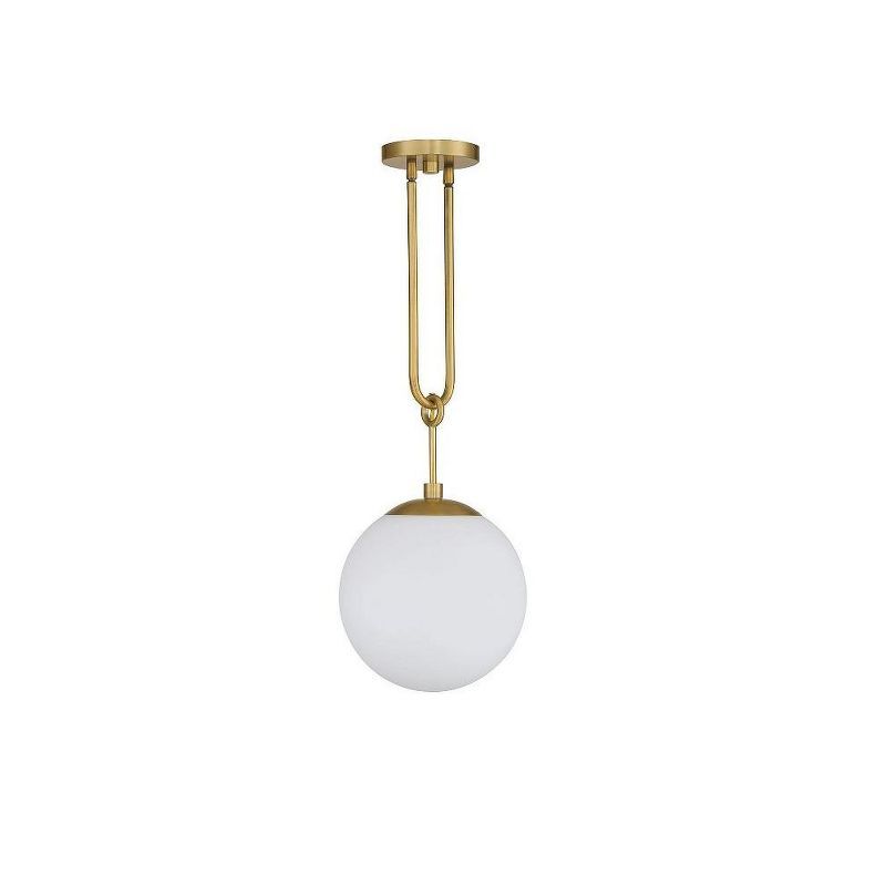 Becker Mid-Century Warm Brass Globe Pendant with White Glass