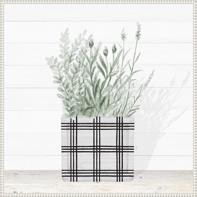 30" White and Green Lavender Blossom Canvas Wall Art in Beaded Frame