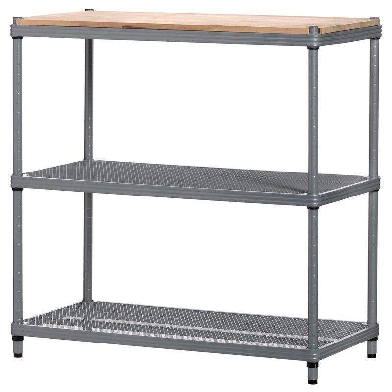 Silver Metal Mesh Storage Workbench with Wood Top