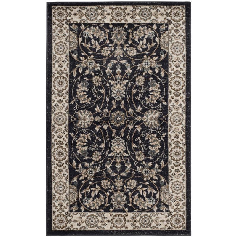 Anthracite and Cream Floral Border Rectangular Area Rug