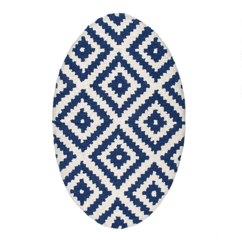Handmade Navy and White Wool Geometric Oval Rug, 3' x 5'