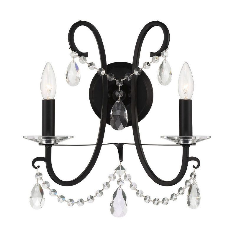 Matte Black 2-Light Sconce with Clear Hand Cut Crystals