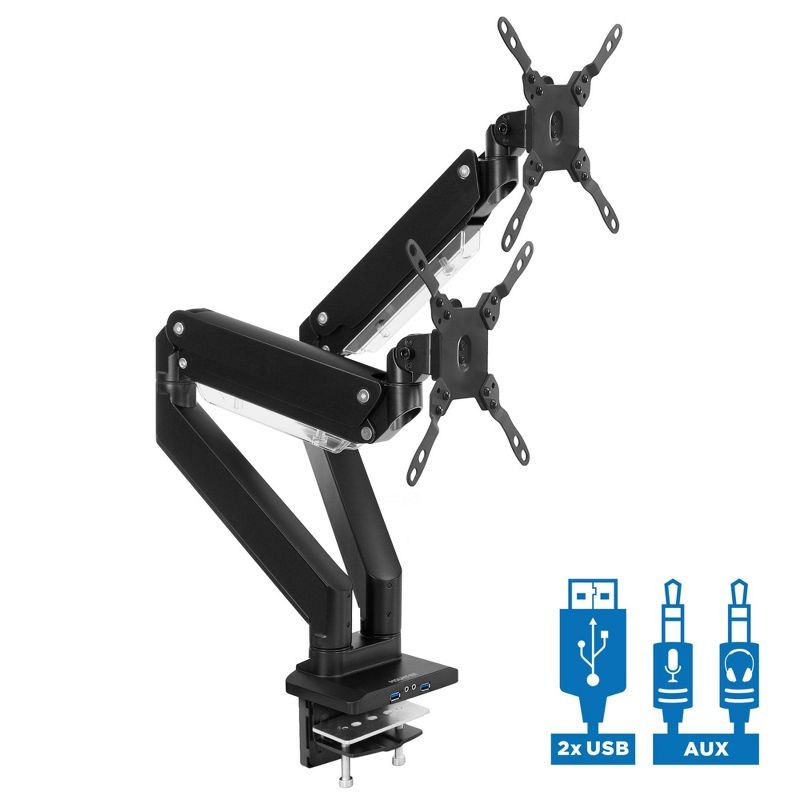 Black Dual Monitor Desk Mount with USB Ports and Adjustable Arms