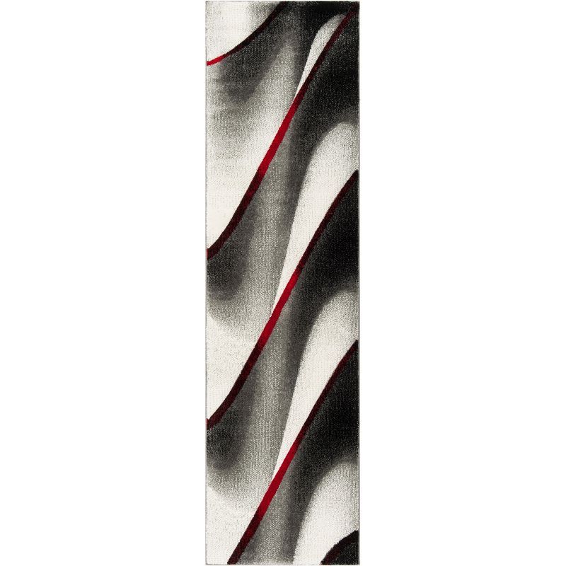 Abstract Red and Grey 27" Hand-Knotted Synthetic Rug