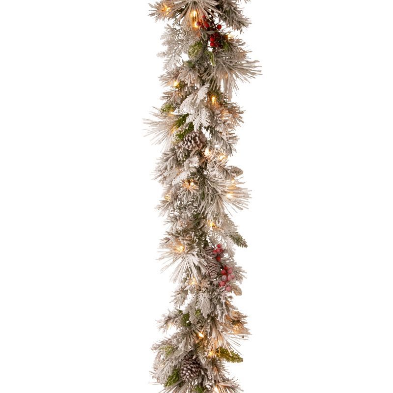 9-Foot Snowy Pine Garland with LED Lights and Pine Cones