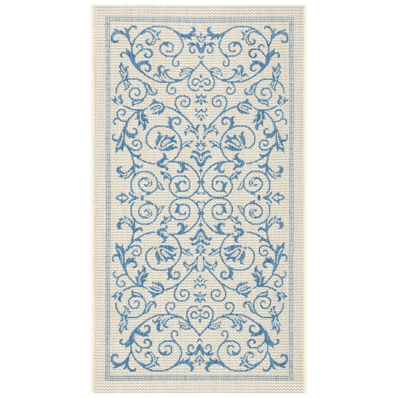 Blue Baroque Print Indoor/Outdoor Area Rug with Trim Embellishment