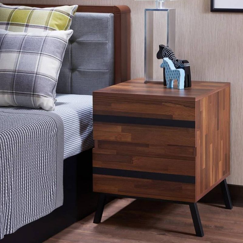 Walnut and Black Modern Rectangular Nightstand with Storage