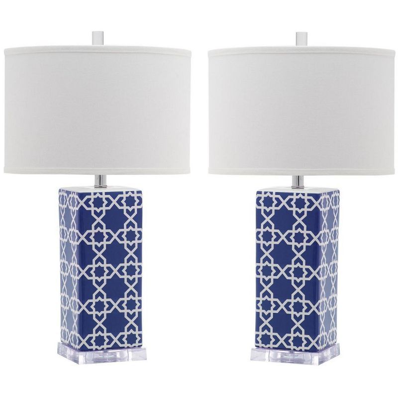 Navy and White Ceramic Table Lamp Set with Cotton Shade