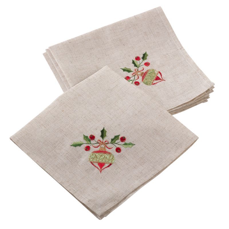 Embroidered Ornament Holly Design Linen Blend Holiday Napkins - Set of 4