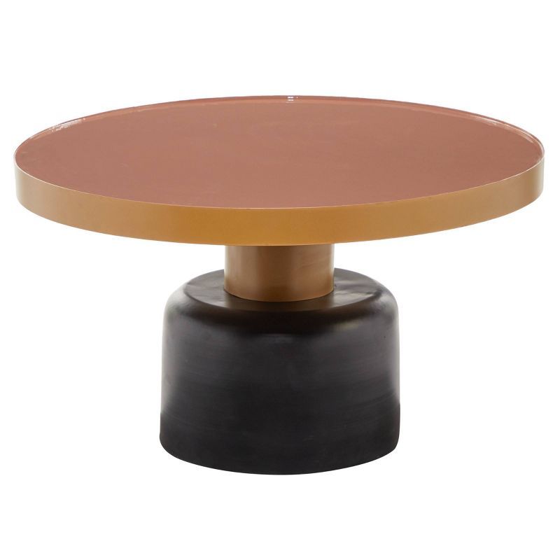 Elegant Gold and Black Round Metal Coffee Table with Enamel Inlay