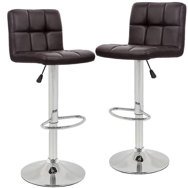 Adjustable Brown PU Leather Swivel Bar Stools with Chrome Base, Set of 2